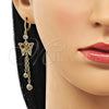 Oro Laminado Long Earring, Gold Filled Style Butterfly and Rolo Design, with Multicolor Cubic Zirconia and Multicolor Micro Pave, Polished, Golden Finish, 02.316.0091.1
