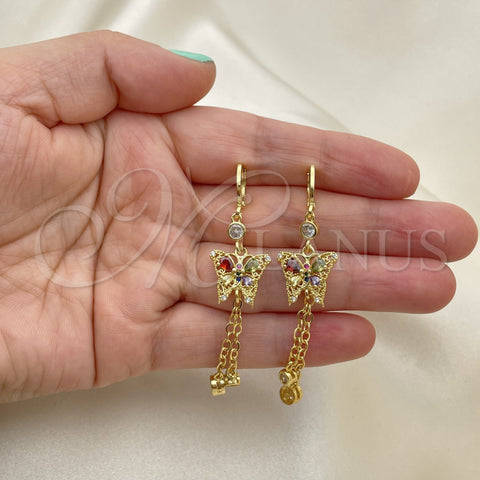 Oro Laminado Long Earring, Gold Filled Style Butterfly and Rolo Design, with Multicolor Cubic Zirconia and Multicolor Micro Pave, Polished, Golden Finish, 02.316.0091.1