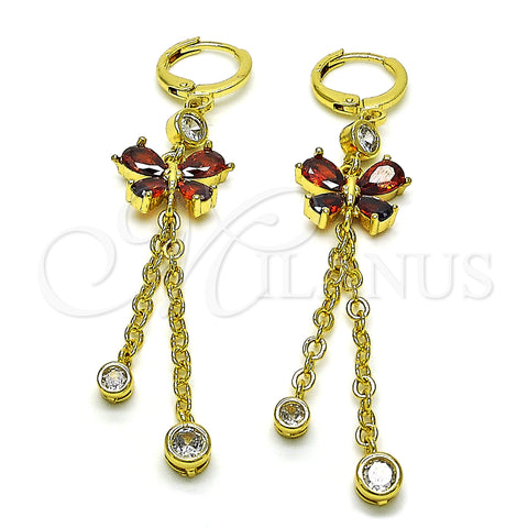 Oro Laminado Long Earring, Gold Filled Style Butterfly and Rolo Design, with Garnet and White Cubic Zirconia, Polished, Golden Finish, 02.316.0094