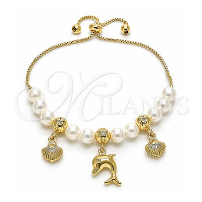 Oro Laminado Adjustable Bolo Bracelet, Gold Filled Style Dolphin and Shell Design, with Ivory Pearl, Polished, Golden Finish, 03.213.0205.09 (06 MM Thickness, 9 Inches Length)