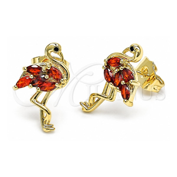 Oro Laminado Stud Earring, Gold Filled Style with Garnet Cubic Zirconia and Black Micro Pave, Polished, Golden Finish, 02.345.0020.2