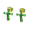 Oro Laminado Stud Earring, Gold Filled Style Cross and Baguette Design, with Green Cubic Zirconia, Polished, Golden Finish, 02.345.0011.2