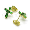Oro Laminado Stud Earring, Gold Filled Style Cross and Baguette Design, with Green Cubic Zirconia, Polished, Golden Finish, 02.345.0011.2