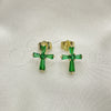 Oro Laminado Stud Earring, Gold Filled Style Cross and Baguette Design, with Green Cubic Zirconia, Polished, Golden Finish, 02.345.0011.2