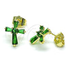 Oro Laminado Stud Earring, Gold Filled Style Cross and Baguette Design, with Green Cubic Zirconia, Polished, Golden Finish, 02.345.0011.2