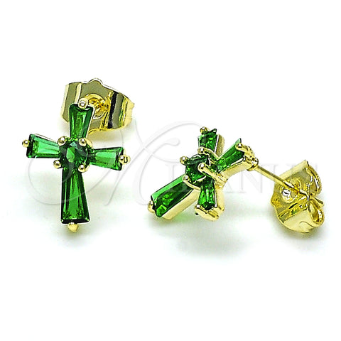 Oro Laminado Stud Earring, Gold Filled Style Cross and Baguette Design, with Green Cubic Zirconia, Polished, Golden Finish, 02.345.0011.2