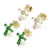 Oro Laminado Stud Earring, Gold Filled Style Cross and Baguette Design, with Green Cubic Zirconia, Polished, Golden Finish, 02.345.0011.2