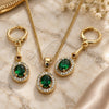 Oro Laminado Earring and Pendant Adult Set, Gold Filled Style with Green Cubic Zirconia and White Micro Pave, Polished, Golden Finish, 10.387.0007.2