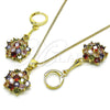 Oro Laminado Earring and Pendant Adult Set, Gold Filled Style Flower Design, with Multicolor Cubic Zirconia, Polished, Golden Finish, 10.387.0010.1