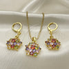 Oro Laminado Earring and Pendant Adult Set, Gold Filled Style Flower Design, with Multicolor Cubic Zirconia, Polished, Golden Finish, 10.387.0010.1