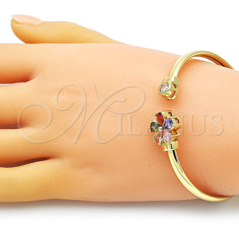 Oro Laminado Individual Bangle, Gold Filled Style Flower Design, with Multicolor Cubic Zirconia, Polished, Golden Finish, 07.381.0018 (05 MM Thickness, One size fits all)