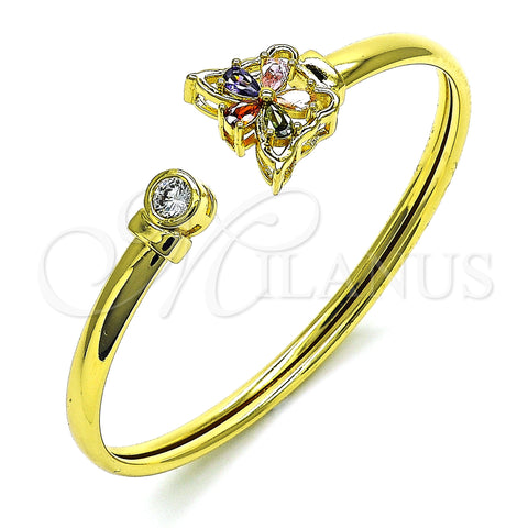 Oro Laminado Individual Bangle, Gold Filled Style Butterfly and Flower Design, with Multicolor Cubic Zirconia, Polished, Golden Finish, 07.381.0019 (05 MM Thickness, One size fits all)