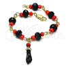 Oro Laminado Fancy Bracelet, Gold Filled Style Figa Hand Design, with Jet and Orange Red Crystal, Polished, Golden Finish, 03.383.0031.07 (08 MM Thickness, 7 Inches Length)