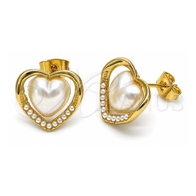 Oro Laminado Stud Earring, Gold Filled Style Heart Design, with Ivory Pearl, Polished, Golden Finish, 02.379.0015