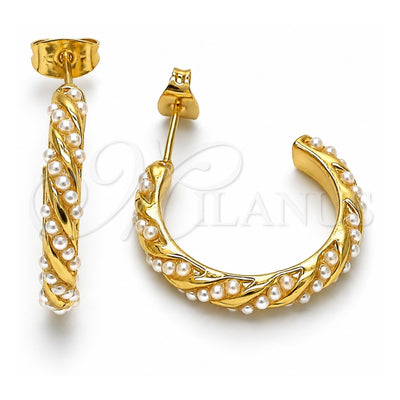 Oro Laminado Stud Earring, Gold Filled Style Twist Design, with Ivory Pearl, Polished, Golden Finish, 02.379.0016
