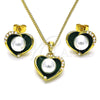 Oro Laminado Earring and Pendant Adult Set, Gold Filled Style Heart Design, with Ivory Pearl, Green Enamel Finish, Golden Finish, 10.379.0048.3