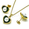 Oro Laminado Earring and Pendant Adult Set, Gold Filled Style Heart Design, with Ivory Pearl, Green Enamel Finish, Golden Finish, 10.379.0048.3
