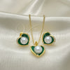 Oro Laminado Earring and Pendant Adult Set, Gold Filled Style Heart Design, with Ivory Pearl, Green Enamel Finish, Golden Finish, 10.379.0048.3