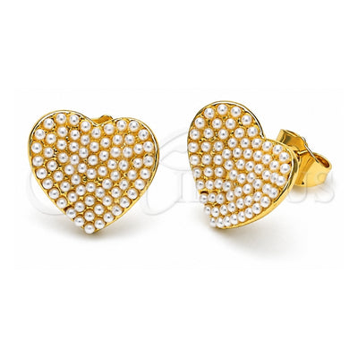 Oro Laminado Stud Earring, Gold Filled Style Heart Design, with Ivory Pearl, Polished, Golden Finish, 02.379.0021
