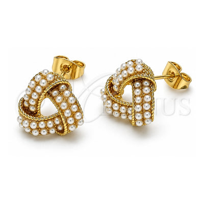 Oro Laminado Stud Earring, Gold Filled Style Love Knot Design, with Ivory Pearl, Polished, Golden Finish, 02.379.0023