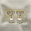 Oro Laminado Stud Earring, Gold Filled Style Heart Design, with Ivory Pearl and Crystal Crystal, Polished, Golden Finish, 02.379.0024