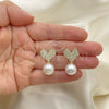Oro Laminado Stud Earring, Gold Filled Style Heart Design, with Ivory Pearl and Crystal Crystal, Polished, Golden Finish, 02.379.0024