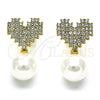 Oro Laminado Stud Earring, Gold Filled Style Heart Design, with Ivory Pearl and Crystal Crystal, Polished, Golden Finish, 02.379.0024