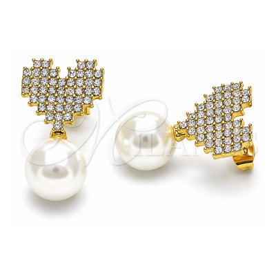Oro Laminado Stud Earring, Gold Filled Style Heart Design, with Ivory Pearl and Crystal Crystal, Polished, Golden Finish, 02.379.0024