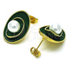 Oro Laminado Stud Earring, Gold Filled Style with Ivory Pearl, Green Enamel Finish, Golden Finish, 02.379.0026.1