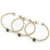 Oro Laminado Individual Bangle, Gold Filled Style Ball Design, with Green Cubic Zirconia and Ivory Pearl, Polished, Golden Finish, 07.228.0001.1 (03 MM Thickness, One size fits all)