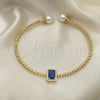 Oro Laminado Individual Bangle, Gold Filled Style Ball Design, with Sapphire Blue Cubic Zirconia and Ivory Pearl, Polished, Golden Finish, 07.228.0001.2 (03 MM Thickness, One size fits all)