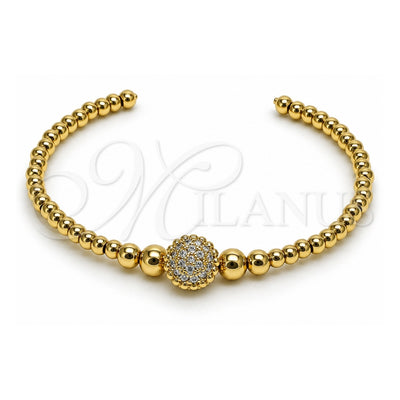 Oro Laminado Individual Bangle, Gold Filled Style Ball and Flower Design, with White Micro Pave, Polished, Golden Finish, 07.228.0003 (03 MM Thickness, One size fits all)