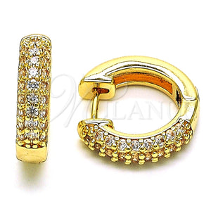 Gold Filled Hoop Earrings — Huggie Hoop Cluster Design with White Micro Pave — main product view — SKU 150969 | Oro Laminado aretes de aro — Huggie Hoop Cluster diseño with blanco Micro Pave — SKU 150969