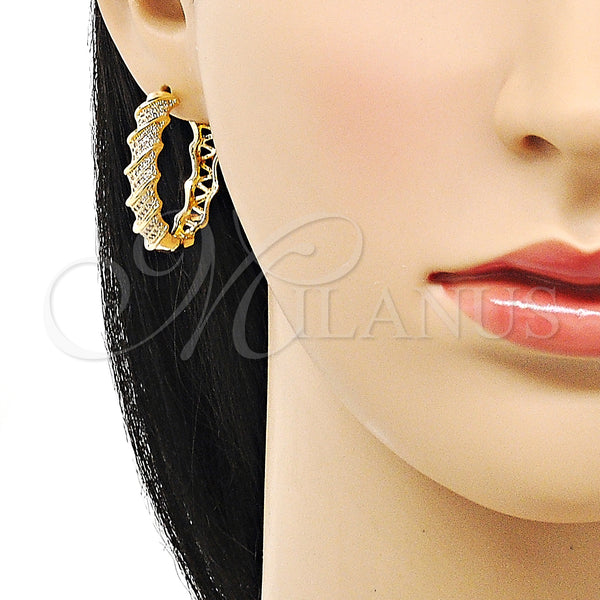 Gold Filled Hoop Earrings — Huggie Hoop Twist Design with White Micro Pave — alternate product view — SKU 150974 | Oro Laminado aretes de aro — Huggie Hoop Twist diseño with blanco Micro Pave — SKU 150974