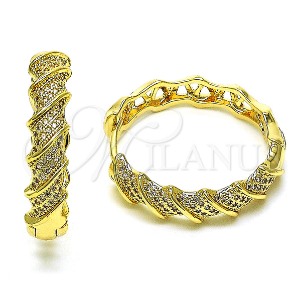 Oro Laminado Huggie Hoop, Gold Filled Style Twist Design, with White Micro Pave, Polished, Golden Finish, 02.195.0162.30