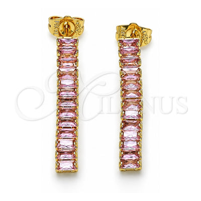 Oro Laminado Long Earring, Gold Filled Style Baguette Design, with Pink Cubic Zirconia, Polished, Golden Finish, 02.403.0001.2