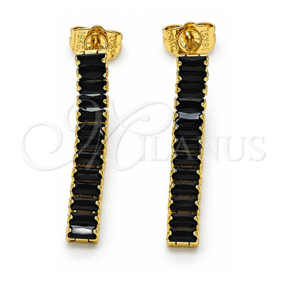 Oro Laminado Long Earring, Gold Filled Style Baguette Design, with Black Cubic Zirconia, Polished, Golden Finish, 02.403.0001.3