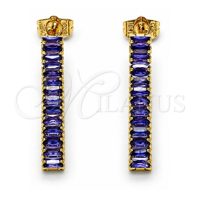Oro Laminado Long Earring, Gold Filled Style Baguette Design, with Amethyst Cubic Zirconia, Polished, Golden Finish, 02.403.0001.4