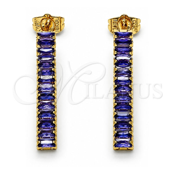 Oro Laminado Long Earring, Gold Filled Style Baguette Design, with Amethyst Cubic Zirconia, Polished, Golden Finish, 02.403.0001.4