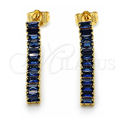 Oro Laminado Long Earring, Gold Filled Style Baguette Design, with Sapphire Blue Cubic Zirconia, Polished, Golden Finish, 02.403.0001.6