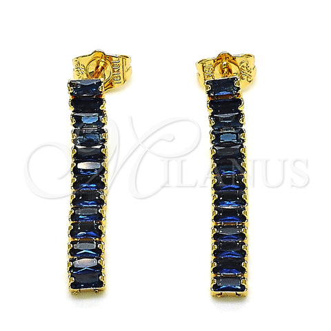 Oro Laminado Long Earring, Gold Filled Style Baguette Design, with Sapphire Blue Cubic Zirconia, Polished, Golden Finish, 02.403.0001.6