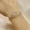 Oro Laminado Fancy Bracelet, Gold Filled Style San Judas and Figaro Design, with Garnet and Green Crystal for wholesale, additional product view 3