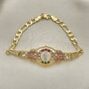 Oro Laminado Fancy Bracelet, Gold Filled Style San Judas and Figaro Design, with Garnet and Green Crystal, Polished, Tricolor, 03.253.0075.07 (05 MM Thickness, 7 Inches Length)
