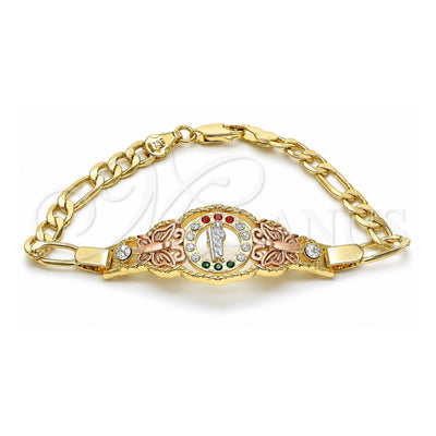 Oro Laminado Fancy Bracelet, Gold Filled Style San Judas and Figaro Design, with Garnet and Green Crystal, Polished, Tricolor, 03.253.0075.07 (05 MM Thickness, 7 Inches Length)