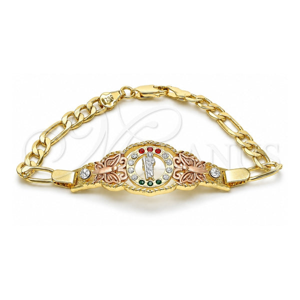Oro Laminado Fancy Bracelet, Gold Filled Style San Judas and Figaro Design, with Garnet and Green Crystal, Polished, Tricolor, 03.253.0075.07 (05 MM Thickness, 7 Inches Length)