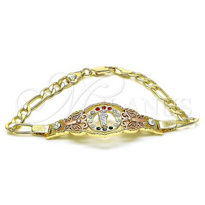 Oro Laminado Fancy Bracelet, Gold Filled Style San Judas and Figaro Design, with Garnet and Green Crystal for wholesale, main product view