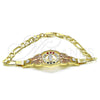 Oro Laminado Fancy Bracelet, Gold Filled Style San Judas and Figaro Design, with Garnet and Green Crystal for wholesale, main product view