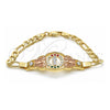 Oro Laminado Fancy Bracelet, Gold Filled Style San Judas and Figaro Design, with Garnet and Green Crystal, Polished, Tricolor, 03.253.0075.07 (05 MM Thickness, 7 Inches Length)