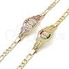 Oro Laminado Fancy Bracelet, Gold Filled Style San Judas and Figaro Design, with Garnet and Green Crystal for wholesale, additional product view 7