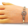 Oro Laminado Fancy Bracelet, Gold Filled Style San Judas and Figaro Design, with White Crystal, Polished, Golden Finish, 03.253.0076.07 (05 MM Thickness, 7 Inches Length)